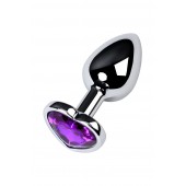 Серебристая коническая анальная пробка с фиолетовым кристаллом-сердечком - 7 см. - ToyFa - купить с доставкой в Новом Уренгое