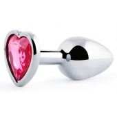 Серебристая анальная пробка с малиновым кристаллом-сердечком - 7 см. - Anal Jewelry Plug - купить с доставкой в Новом Уренгое