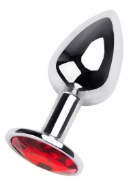 Маленькая коническая серебристая анальная пробка с красным кристаллом - 7 см. - ToyFa - купить с доставкой в Новом Уренгое