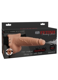 Телесный полый страпон с имитацией эякуляции 7.5  Hollow Squirting Strap-On with Balls Flesh - 21,6 см. - Pipedream - купить с доставкой в Новом Уренгое