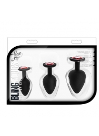 Набор черных анальных пробок с красным кристаллом-сердечком Bling Plugs Training Kit - Blush Novelties - купить с доставкой в Новом Уренгое