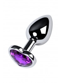 Серебристая коническая анальная пробка с фиолетовым кристаллом-сердечком - 7 см. - ToyFa - купить с доставкой в Новом Уренгое