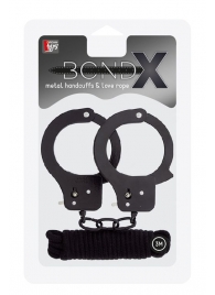 Чёрные наручники из листового металла в комплекте с веревкой BONDX METAL CUFFS LOVE ROPE SET - Dream Toys - купить с доставкой в Новом Уренгое