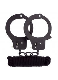 Чёрные наручники из листового металла в комплекте с веревкой BONDX METAL CUFFS LOVE ROPE SET - Dream Toys - купить с доставкой в Новом Уренгое