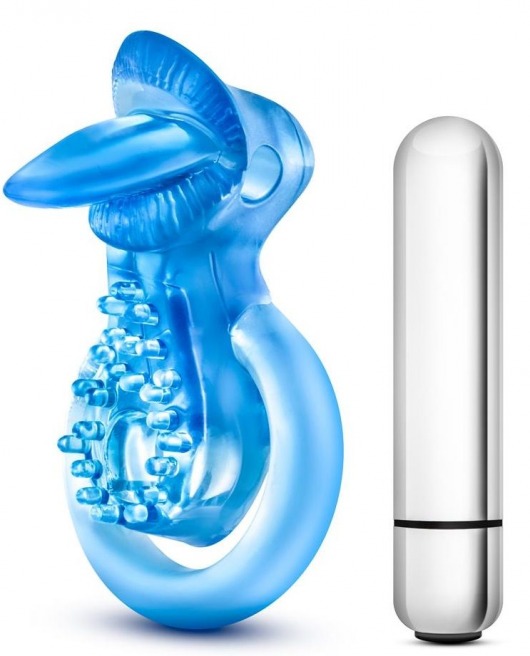 Голубое эрекционное виброкольцо 10 Function Vibrating Tongue Ring - Blush Novelties - в Новом Уренгое купить с доставкой