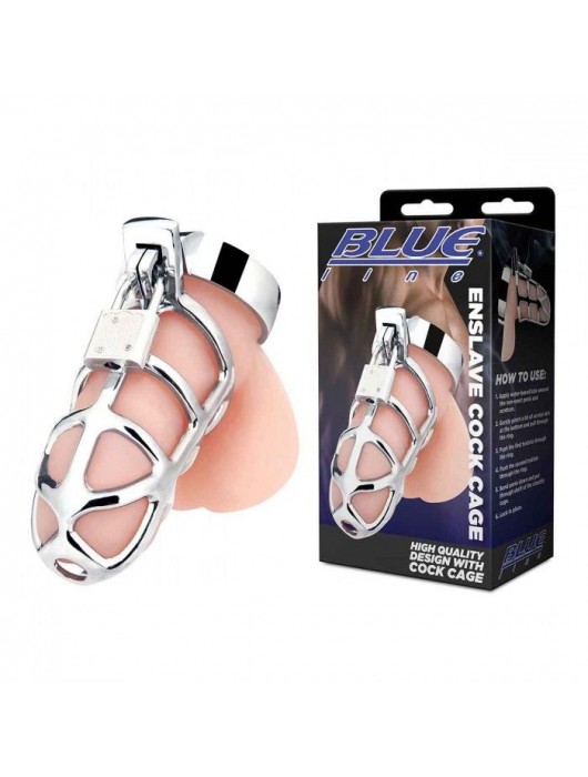 Серебристая металлическая клетка для члена с замком Enslave Cock Cage - BlueLine - купить с доставкой в Новом Уренгое