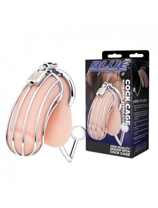 Серебристая металлическая клетка с анальным стимулятором Cock Cage - BlueLine - купить с доставкой в Новом Уренгое
