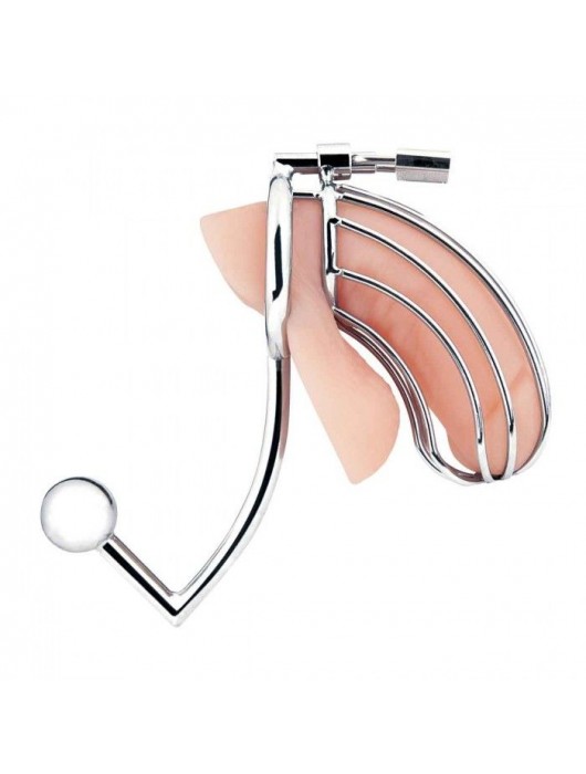 Серебристая металлическая клетка с анальным стимулятором Cock Cage - BlueLine - купить с доставкой в Новом Уренгое