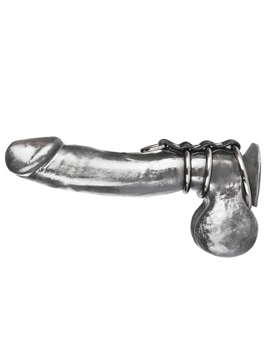 Хомут на пенис из трех металлических колец и кольца для привязи 3 RING GATES OF HELL - BlueLine - купить с доставкой в Новом Уренгое