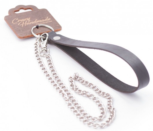 Серебристый металлический поводок с кожаной черной ручкой - 80 см. - Crazy Handmade - купить с доставкой в Новом Уренгое