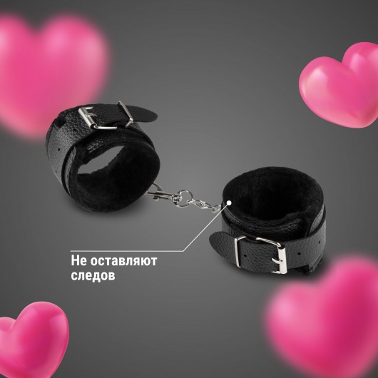 Черные наручники из эко-кожи с мехом - Волшебная страна - купить с доставкой в Новом Уренгое