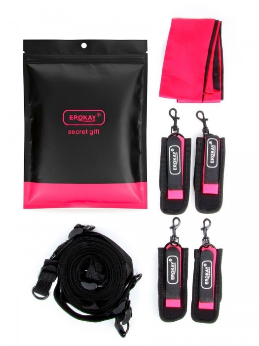 Черно-розовый эротический набор: фиксатор, оковы, наручники, повязка - Erokay - купить с доставкой в Новом Уренгое